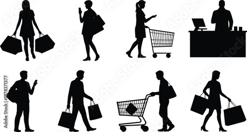 Shopping silhouettes with bags, carts, phones, and cashier counter representing retail, consumer behavior, purchasing, browsing, and modern commerce illustration.