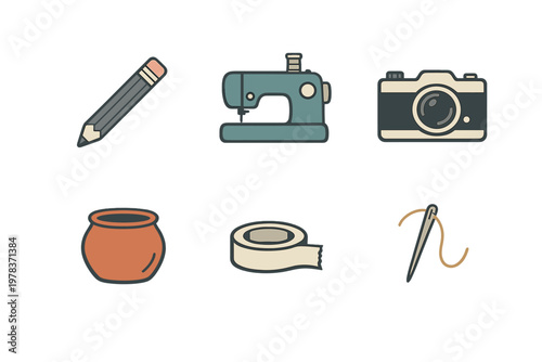 Various tools for crafting and creating in a simple layout with items that include a pencil and a sewing machine
