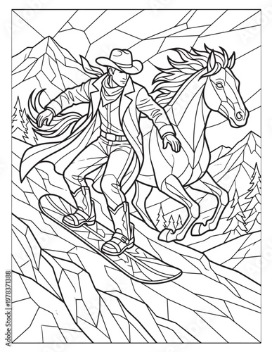 Cowboy riding a horse on a snowboard down a mountain with trees and mountains in the background in a stained glass style