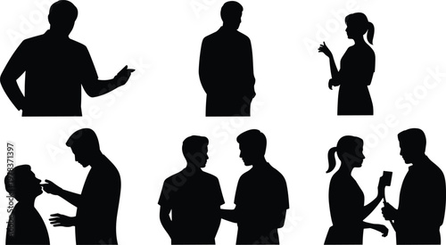 Silhouette people interacting in communication, conversation, gestures, pointing, speaking, giving objects, teamwork, social connection, vector illustration design