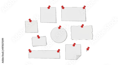 White papers with red push pins are arranged in a random pattern on a plain background showing spaces for notes or reminders
