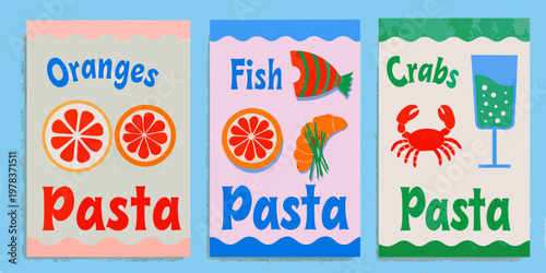 Colorful retro style food illustrations depicting oranges fish and crabs