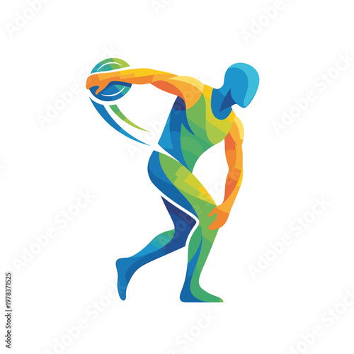 Athletic Discus Thrower Sport Icon with Vibrant Geometric Patterns and Dynamic Movement
