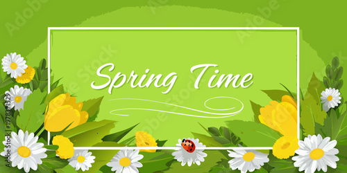 A spring time themed background with flowers and a ladybug