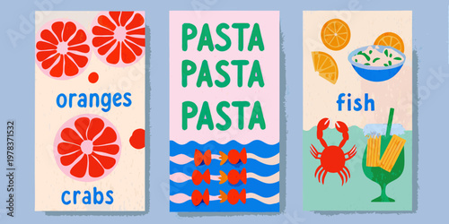 Colorful illustrated banners showcasing seafood fruit and pasta themes