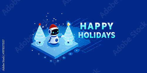 A cute robot celebrates happy holidays with festive christmas trees