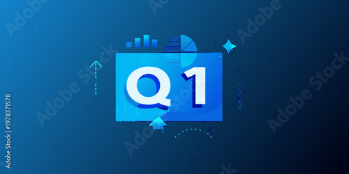 Abstract illustration featuring a large q1 designation with data graphics