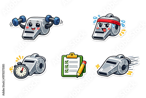 Cartoon drawings of whistles showing exercise, sports coaching, and time management in a fun style