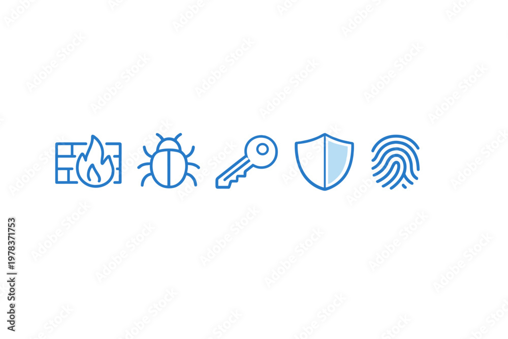 Fototapeta premium Safety icons represent fire, pest, key, shield, and fingerprint in a simple design