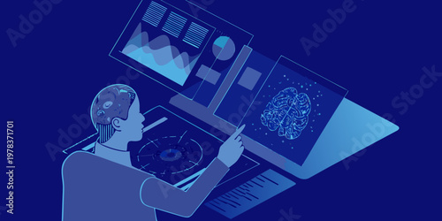 A person interacts with floating digital displays showing brain and data