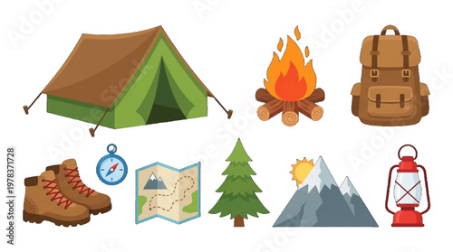 Outdoor camping scene with tent, fire, gear and nature elements suitable for adventure and exploration activities