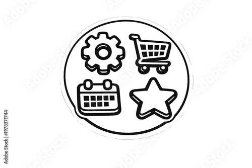Icons of shopping and planning activities on a circle design with a cart, gear, calendar, and star