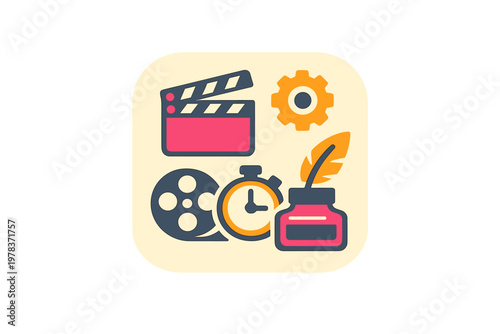 Creative tools used in film production with a clapperboard, gears, a film reel, a stopwatch, and an ink pen