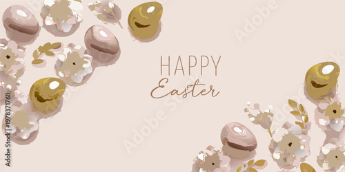 A pastel easter background with painted eggs and floral branches