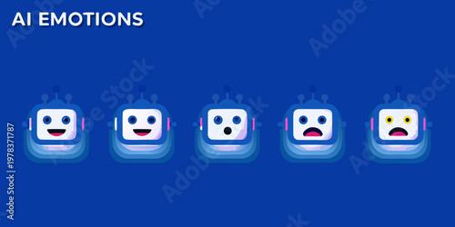 Illustrative robots display a range of human like emotions on a blue background