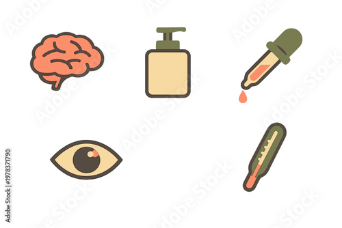 Health symbols including brain, eye, lotion, dropper, and thermometer in a simple design