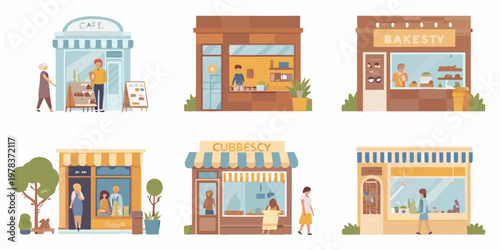 Colorful storefronts depicting various local shops and pedestrian activity