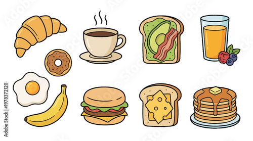 Breakfast foods with croissant, coffee, eggs, and pancakes arranged on a white background at morning time