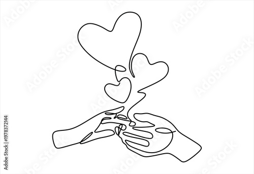 two hands connection with heart one line drawing continuous copy space decorative minimalism love concept