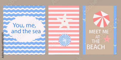 Three colorful beach themed cards with text and summer illustrations