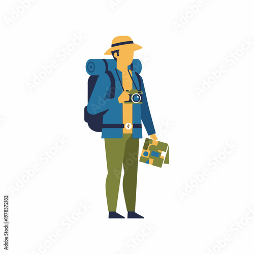 Adventurous Tourist with Backpack, Camera, and Map Ready for Exploration.