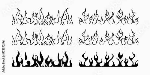 Collection of stylized black and white flame illustrations arranged in rows