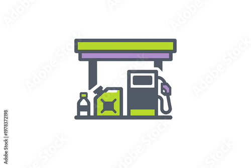 Fuel station with pump, gas can, and liquid container during daylight in a simple setting