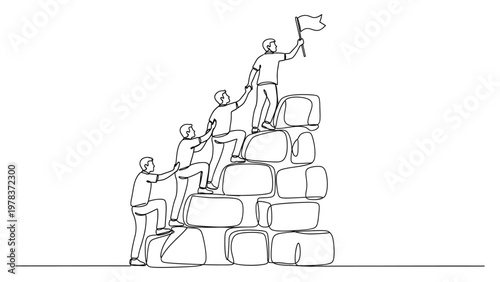 Teamwork and collaboration concept with people helping each other to reach the top. Continuous line style. Hand drawn. Line art. Vector design. illustration