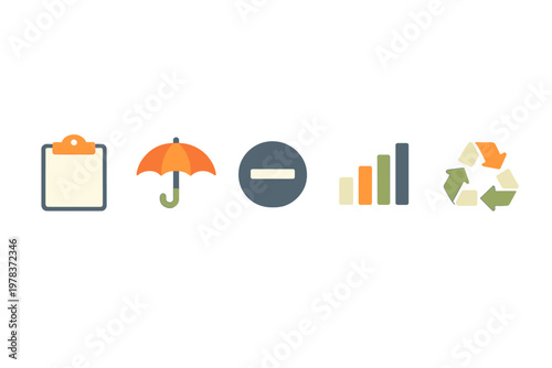 Different symbols showing clipboard, umbrella, minus sign, chart, and recycling sign for various concepts