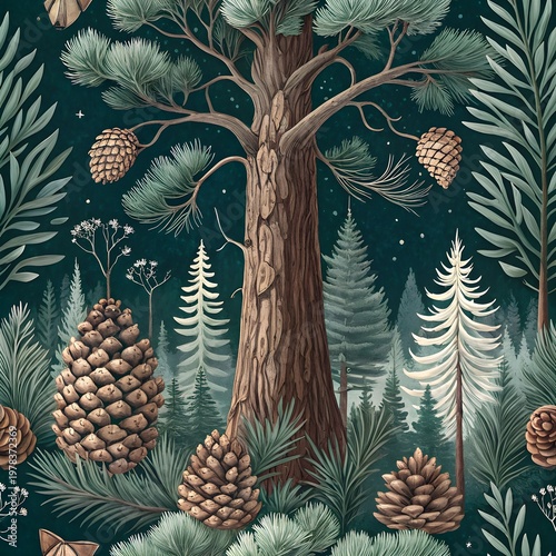 Forest Illustration: A detailed illustration showcases a dense, enchanting forest scene filled with towering trees, intricate textures, and a harmonious palette of greens and browns.