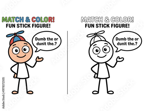 Fun stick figure match and color activity for children, learn to draw characters.