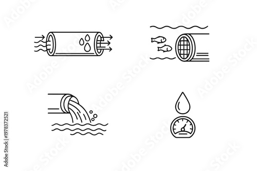 A set of four minimalist black line icons depicting water management