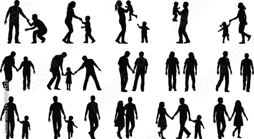 Family silhouettes, parents with children, walking together, holding hands, parenting concept, community care, family bonding, childcare, family love, unity illustration