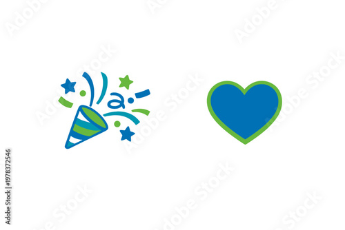 This flat vector illustration features a blue and green party popper