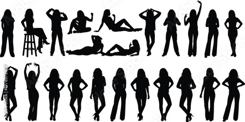 Human silhouettes, standing poses, sitting figures, reclining positions, gesture illustration, posture study, body movement, design reference, artistic concept, vector silhouettes