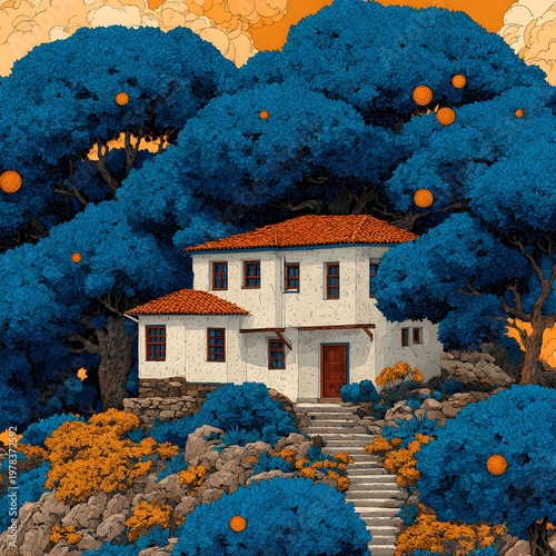 A Dreamy Retreat: A charming house nestled amongst vibrant blue trees and verdant surroundings evokes a sense of tranquility. A scene where nature and architecture blend beautifully