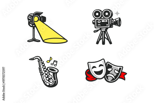 A set of four entertainment icons featuring a studio spotlight with a