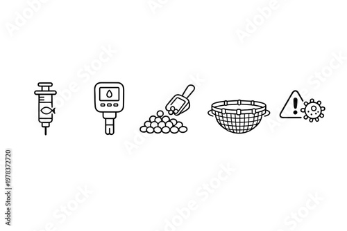A collection of five minimalist black line icons representing various