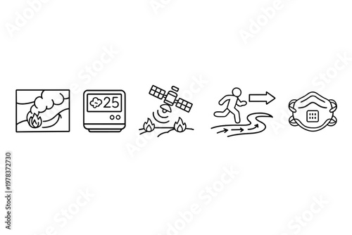 A set of five minimalist black and white line icons illustrating