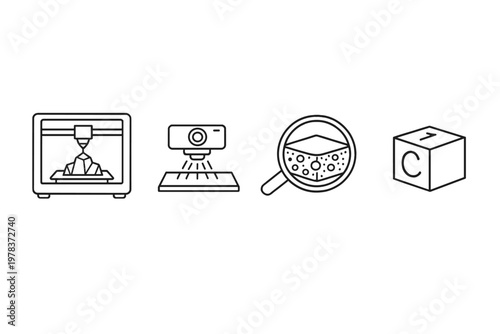 Four black and white outline icons illustrating the 3D printing