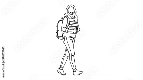 A young woman walking with books. Continuous line style. Hand drawn. Line art. Vector design. illustration