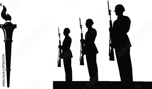 Memorial day remembrance silhouette of soldiers and torch honoring fallen heroes