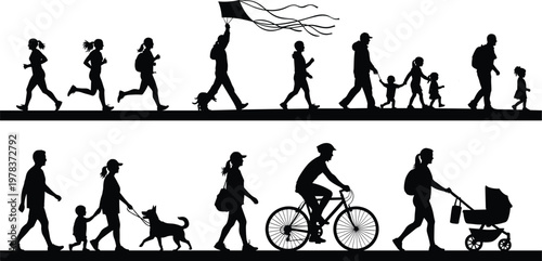 Outdoor silhouettes, people walking, running, cycling, dog walking, kite flying, family activities, stroller pushing, everyday life, park recreation, community lifestyle