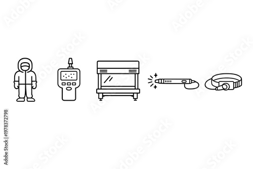 A collection of five minimalist black line icons representing