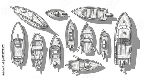 Collection of vintage boats viewed from above in a graphic illustration style.
