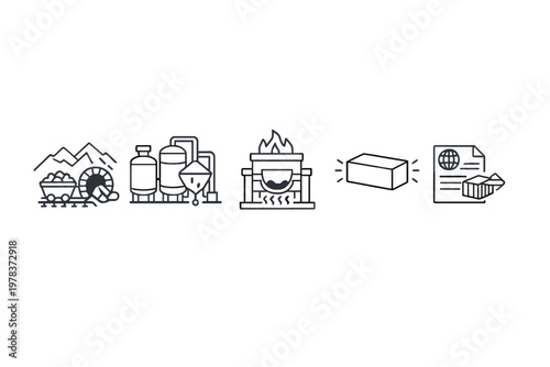 Set of black line icons illustrating an industrial process from