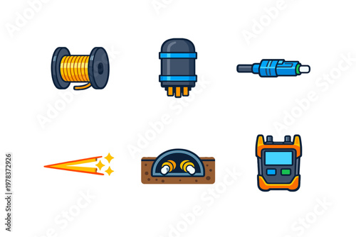 A collection of six flat vector icons representing fiber optic