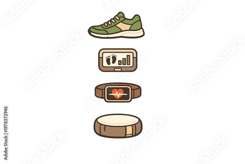 Set of four stylized fitness icons featuring a green running shoe, a