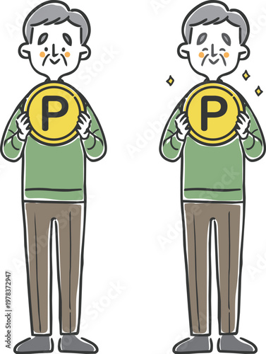 ポイントのコインを持つシニア男性　全身　ベクター