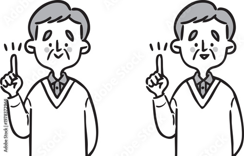 人差し指を立てているシニア男性　上半身　ベクター（モノクロ）